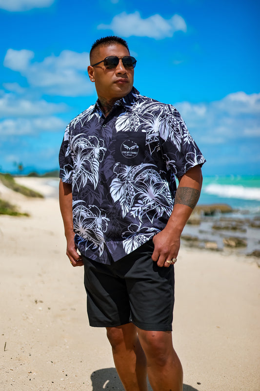 *ADULT*  BLACK & WHITE ALOHA FLORAL BUTTON UP COLLARD SHIRT