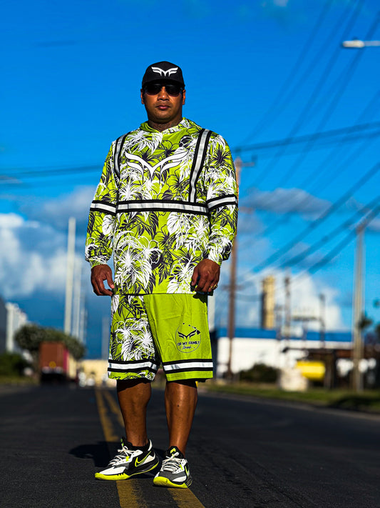 ADULT- “NEON GREEN" REFLECTIVE SURF SHORTS 4 WAY STRETCH